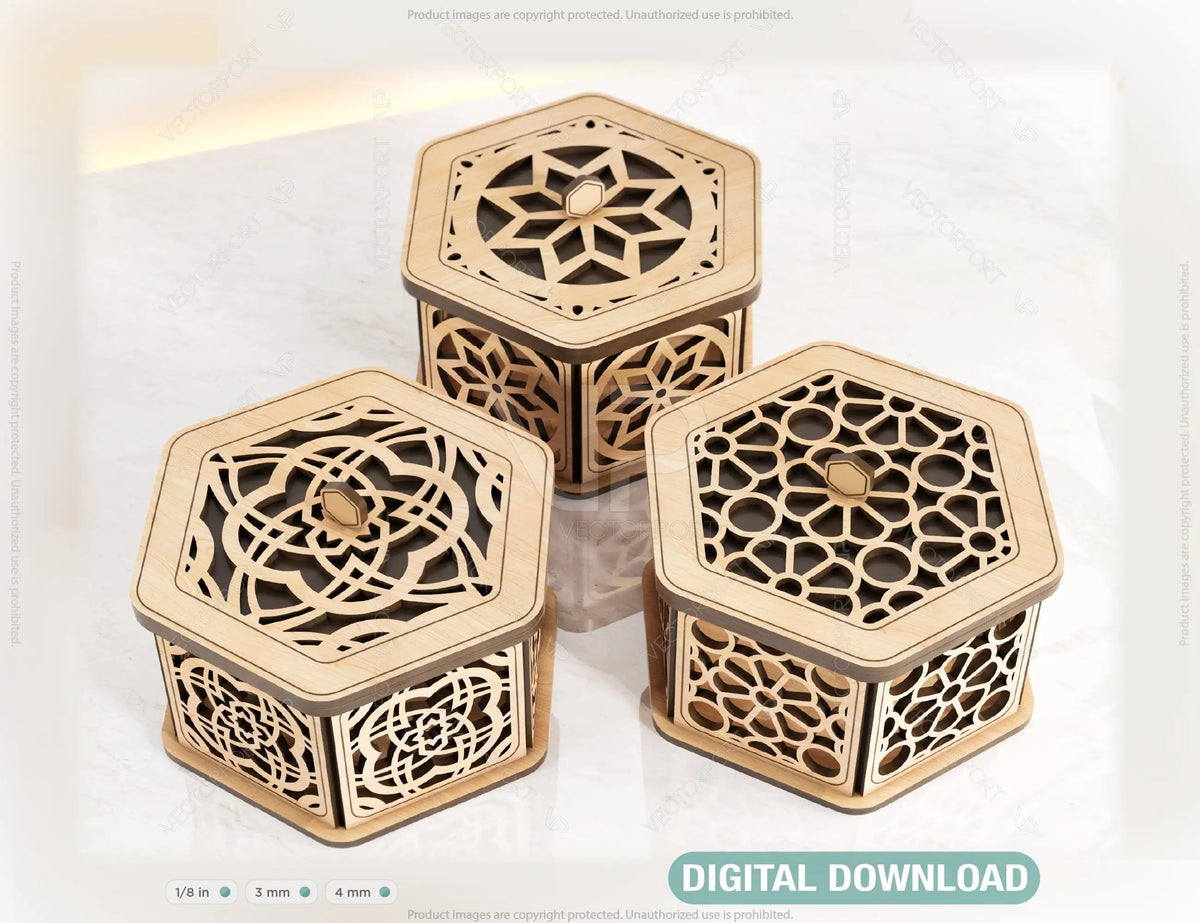 Hexagon Decorative Wooden Gift box Laser Cut Wedding favour laser cut jeweler case plywood Cut Files |#U080|