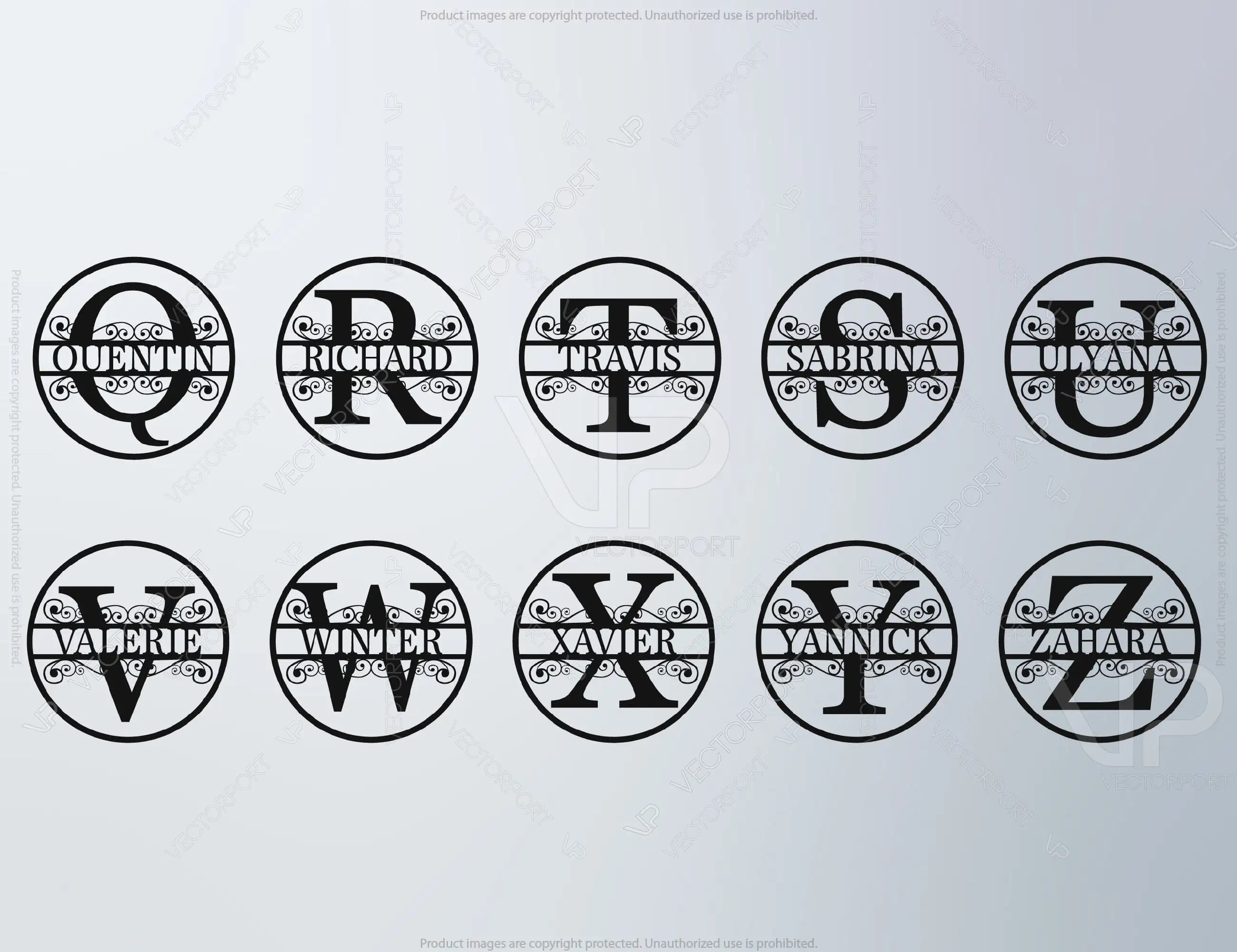 Round with Frame Split Monogram Name Sign Alphabet Letters | SVG, DXF, AI |#080|
