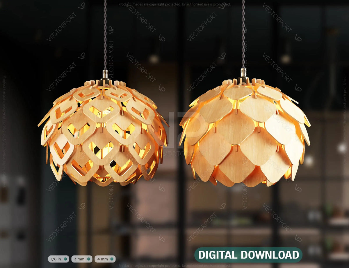 Scandinavian Pine Cone Hanging wooden chandelier lamp shade Pendant light template svg laser cut plywood| SVG, DXF, AI |#097|