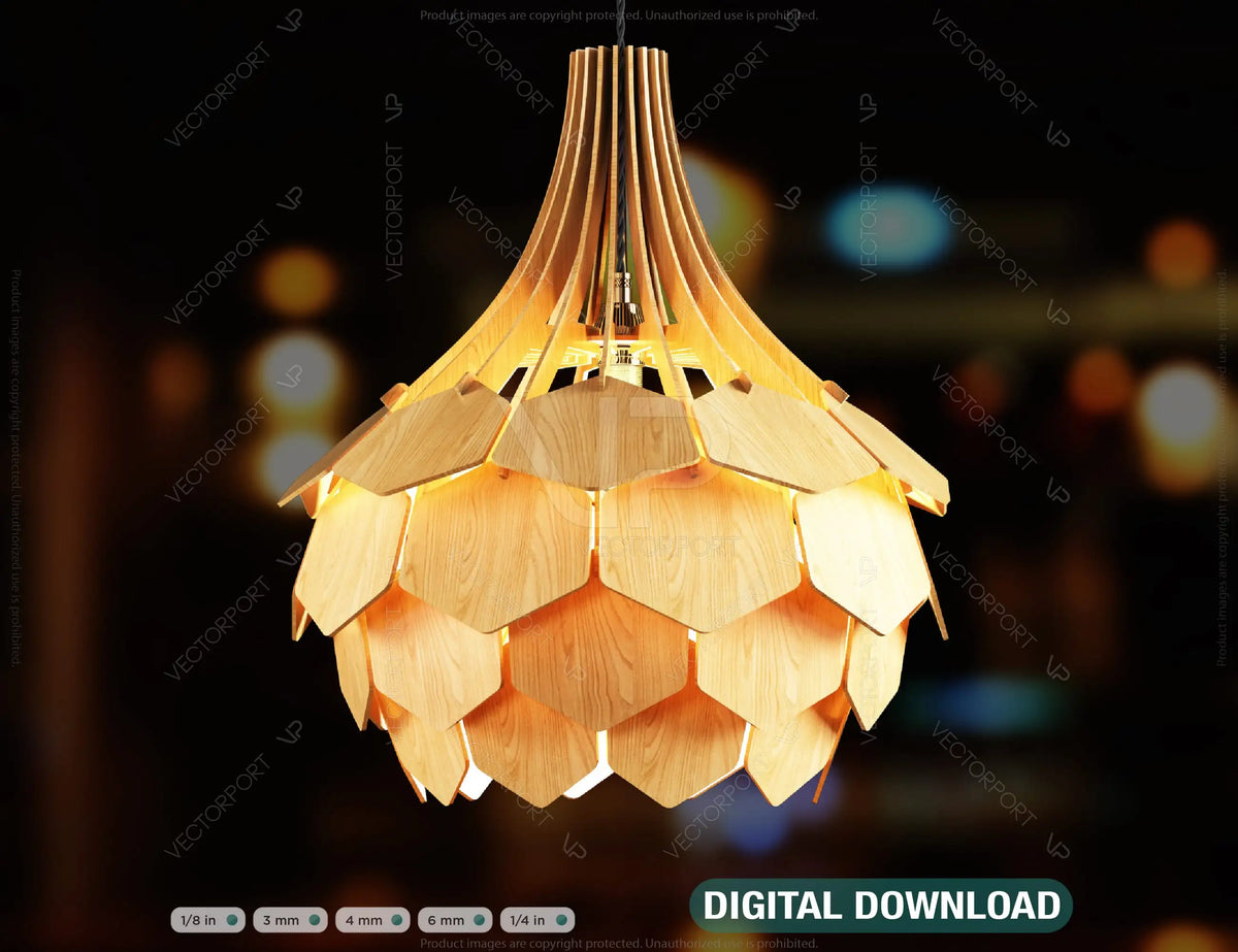 Scandinavian Pine Cone Hanging wooden chandelier lamp shade Pendant light template svg laser cut plywood| SVG, DXF, AI |#099|