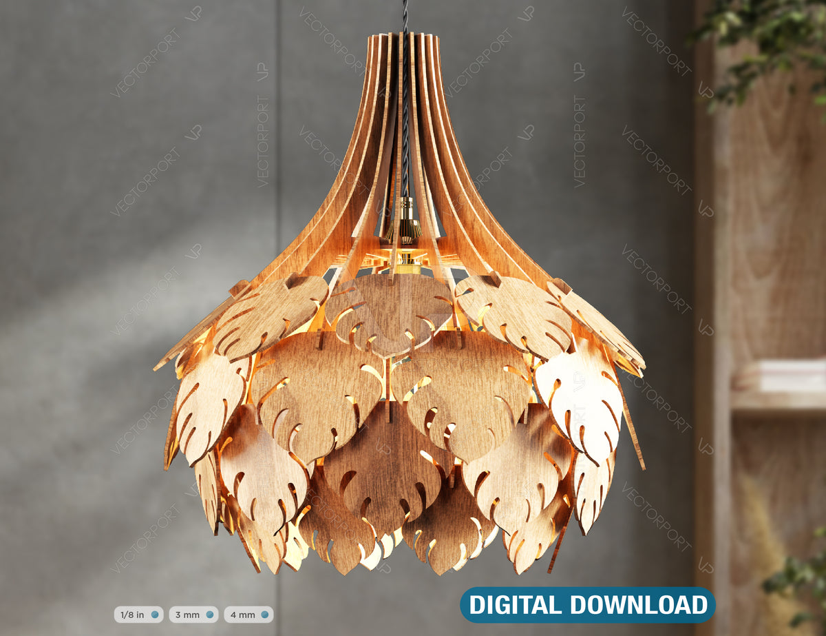 Tropical Leaves Cone Hanging wooden chandelier lamp shade Pendant light template svg laser cut 1/8 inch plywood| SVG, DXF, AI |#100|