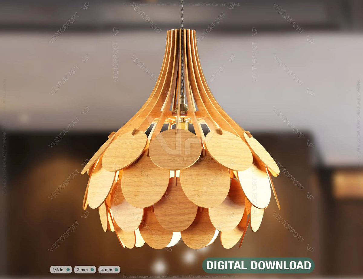 Scandinavian Pine Cone Hanging wooden chandelier lamp shade Pendant light template svg laser cut Digital Download | SVG, DXF, AI |#101|