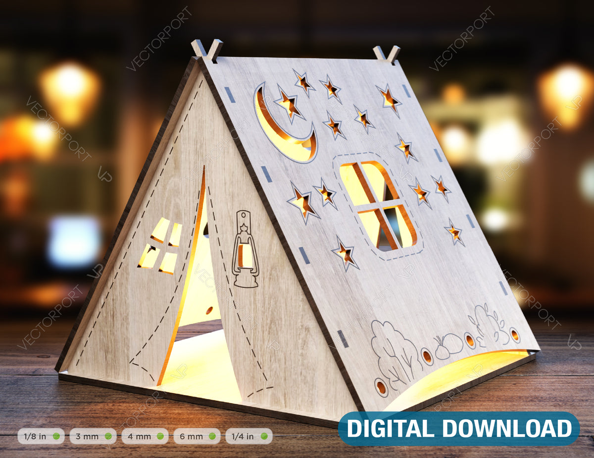 Laser Cut Wooden Tent Shape Night Light Lamp Mdf 3D Puzzle Laser Cutting Camping Tent Home Lampshade Table Candle Holder Tea light | SVG, DXF, AI |#106|