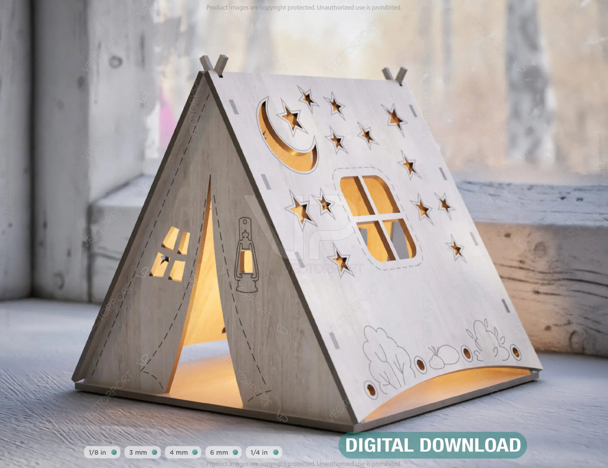 Laser Cut Wooden Tent Shape Night Light Lamp Mdf 3D Puzzle Laser Cutting Camping Tent Home Lampshade Digital Download| SVG, DXF, AI |#106|