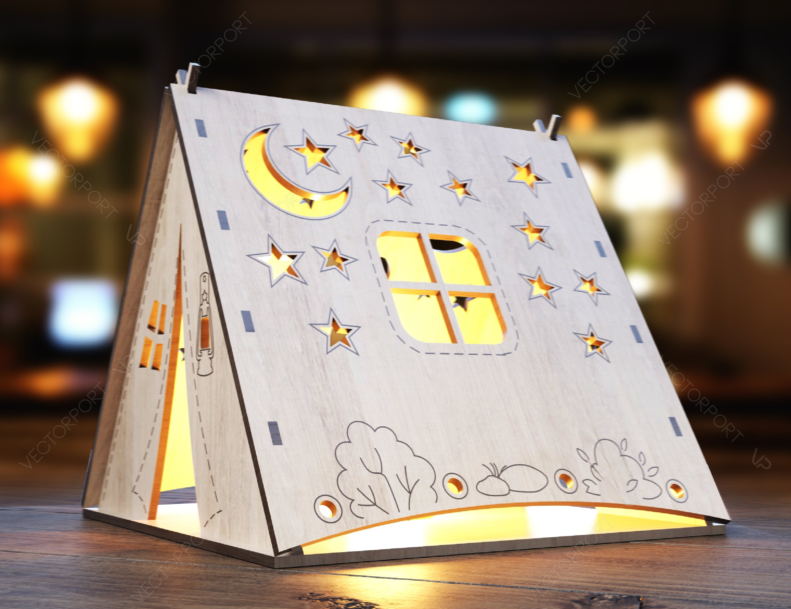Laser Cut Wooden Tent Shape Night Light Lamp Mdf 3D Puzzle Laser Cutting Camping Tent Home Lampshade Table Candle Holder Tea light | SVG, DXF, AI |#106|