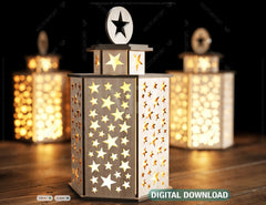 Wooden Decorative Lantern Laser  Cut with star Shape Night Light 3D Laser Cutting opener door Lampshade Digital Download | SVG, DXF, AI |#107|