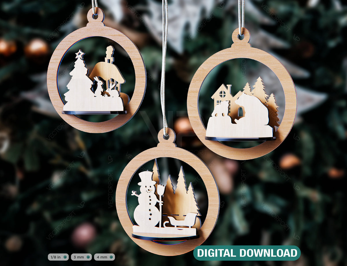Tree Bear Bauble Wood 3D Laser Cut Christmas Ball Ornament Round Design set Tree Decorations lasercut SVG Cricut Glowforge |#U108|