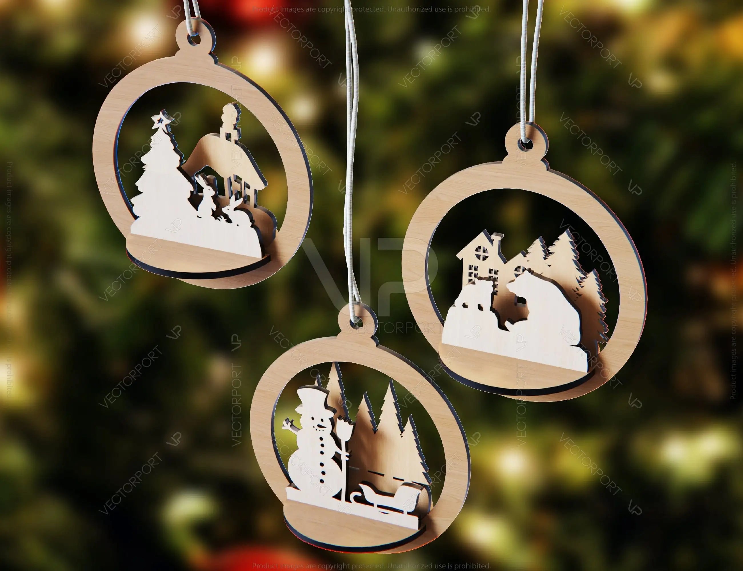 Tree Bear Bauble Wood 3D Laser Cut Christmas Ball Ornament Round Design set Tree Decorations lasercut SVG Cricut Glowforge |#U108|