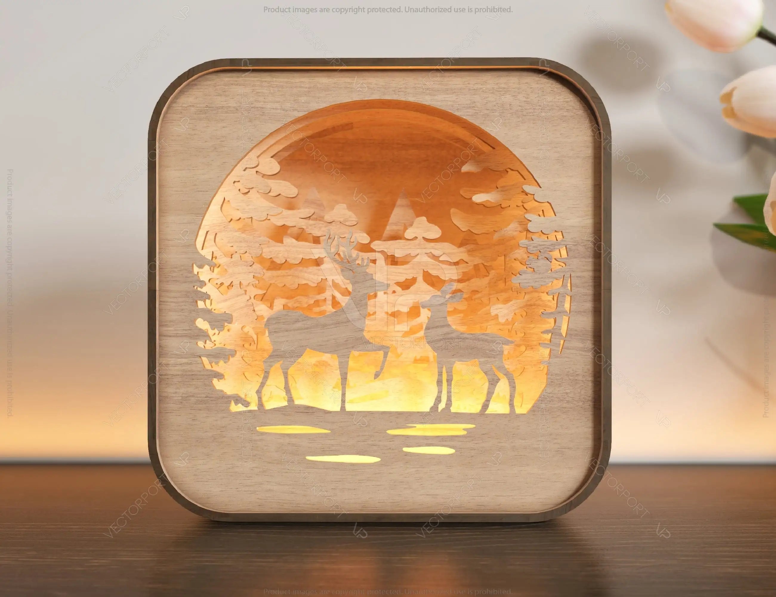 Wooden Night Lamp Deer Forest Scene Multilayer Shadowbox Laser Cut Lampshade Table Tea light Digital Download  |#U109|
