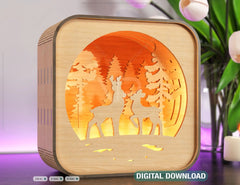 Wooden Night Lamp Deer Forest Scene Multilayer Shadowbox Laser Cut Lampshade Table Tea light Digital Download|#U110|
