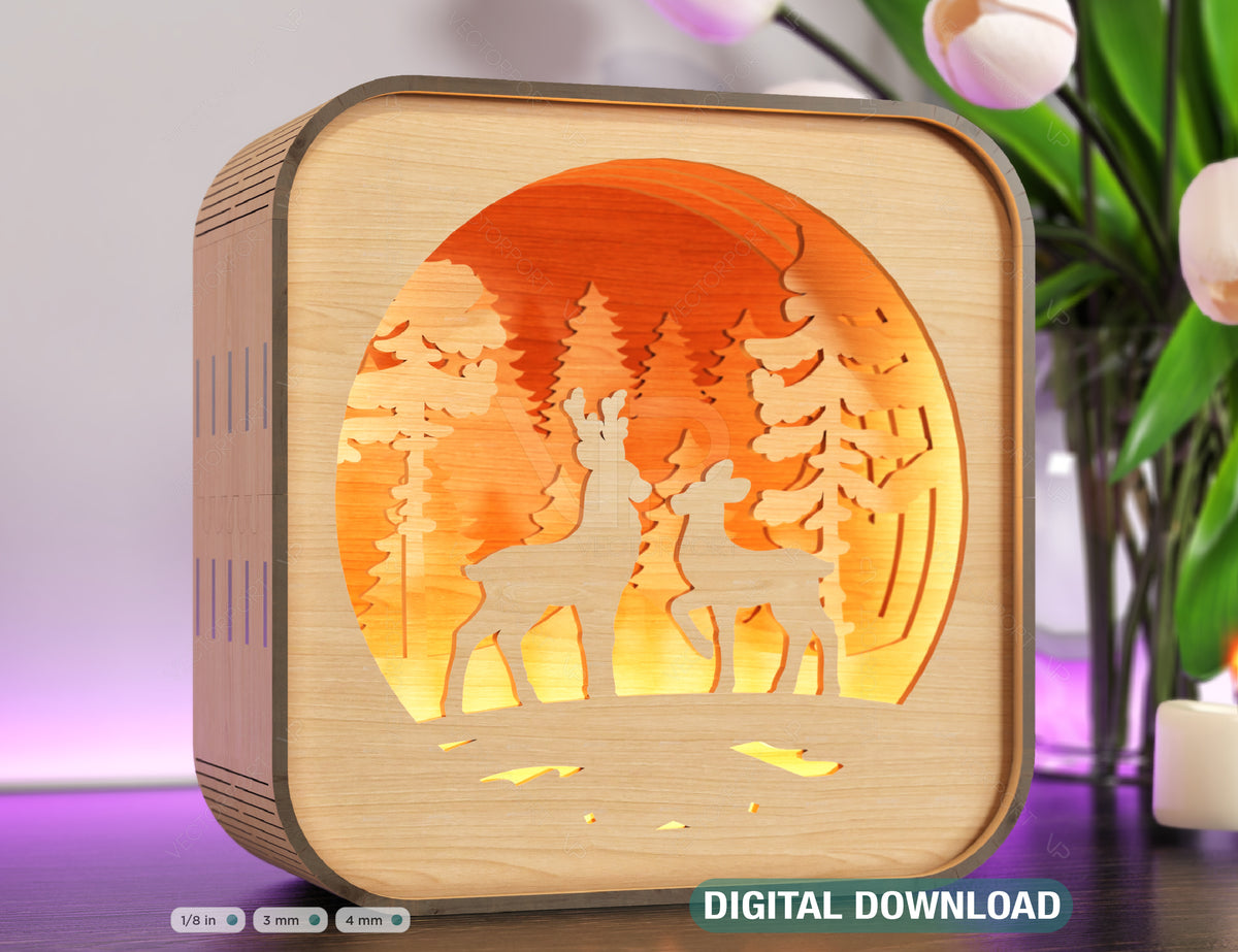 Wooden Night Lamp Deer Forest Scene Multilayer Shadowbox Laser Cut Lampshade Table Tea light Digital Download|#U110|