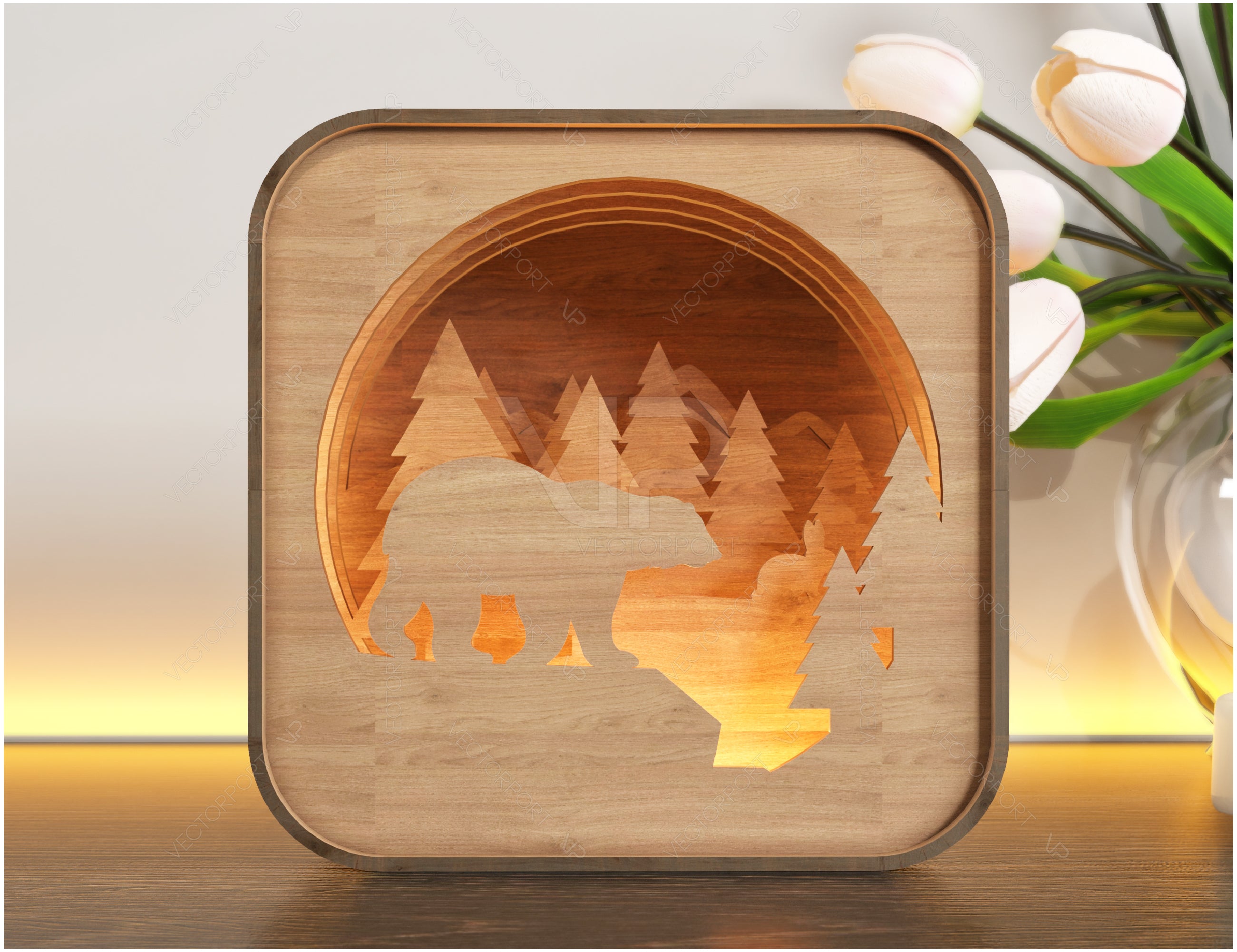 Wooden Night Lamp Bear Forest Scene Multilayer Shadowbox Laser Cut Lampshade Table Tea light  |#U111|