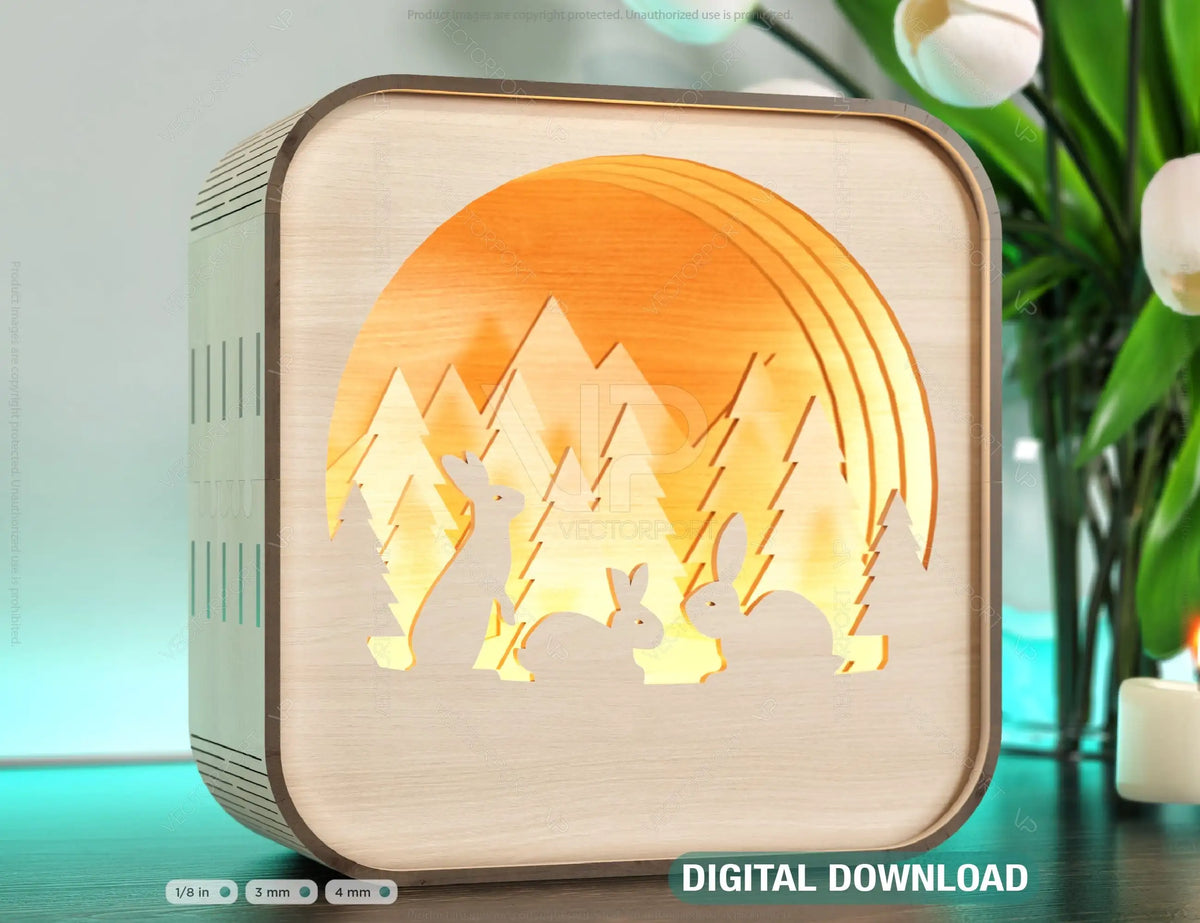 Rabbits Wooden Night Lamp Forest Scene Multilayer Shadowbox Laser Cut Lampshade Table Tea light  |#U113|