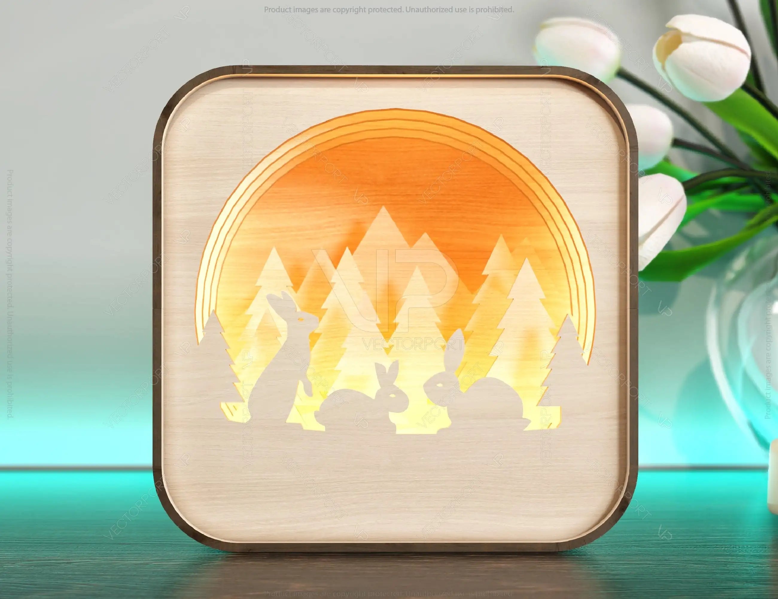 Rabbits Wooden Night Lamp Forest Scene Multilayer Shadowbox Laser Cut Lampshade Table Tea light  |#U113|