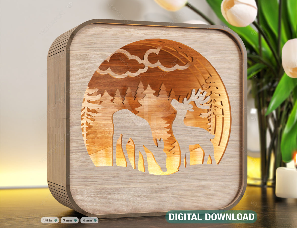 Wooden Night Lamp Deer Forest Scene Multilayer Shadowbox Laser Cut Lampshade Table Tea light  |#U114|