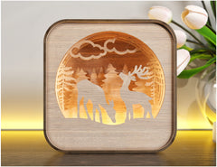 Wooden Night Lamp Deer Forest Scene Multilayer Shadowbox Laser Cut Lampshade Table Tea light  |#U114|