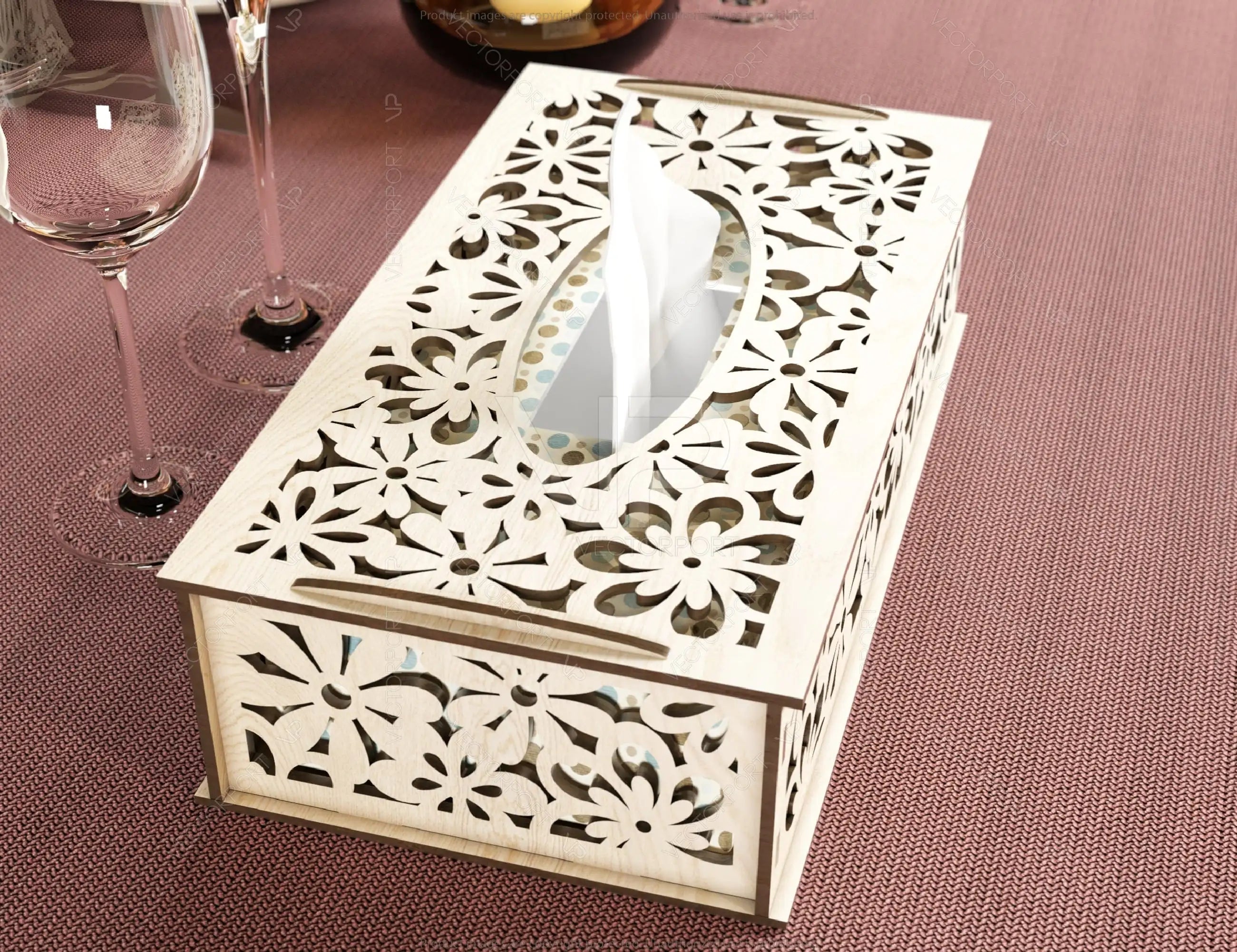 Flowers Pattern Decorative Laser Cut Tissue Box Tabletop wooden napkin cover Glowforge SVG |#U122|