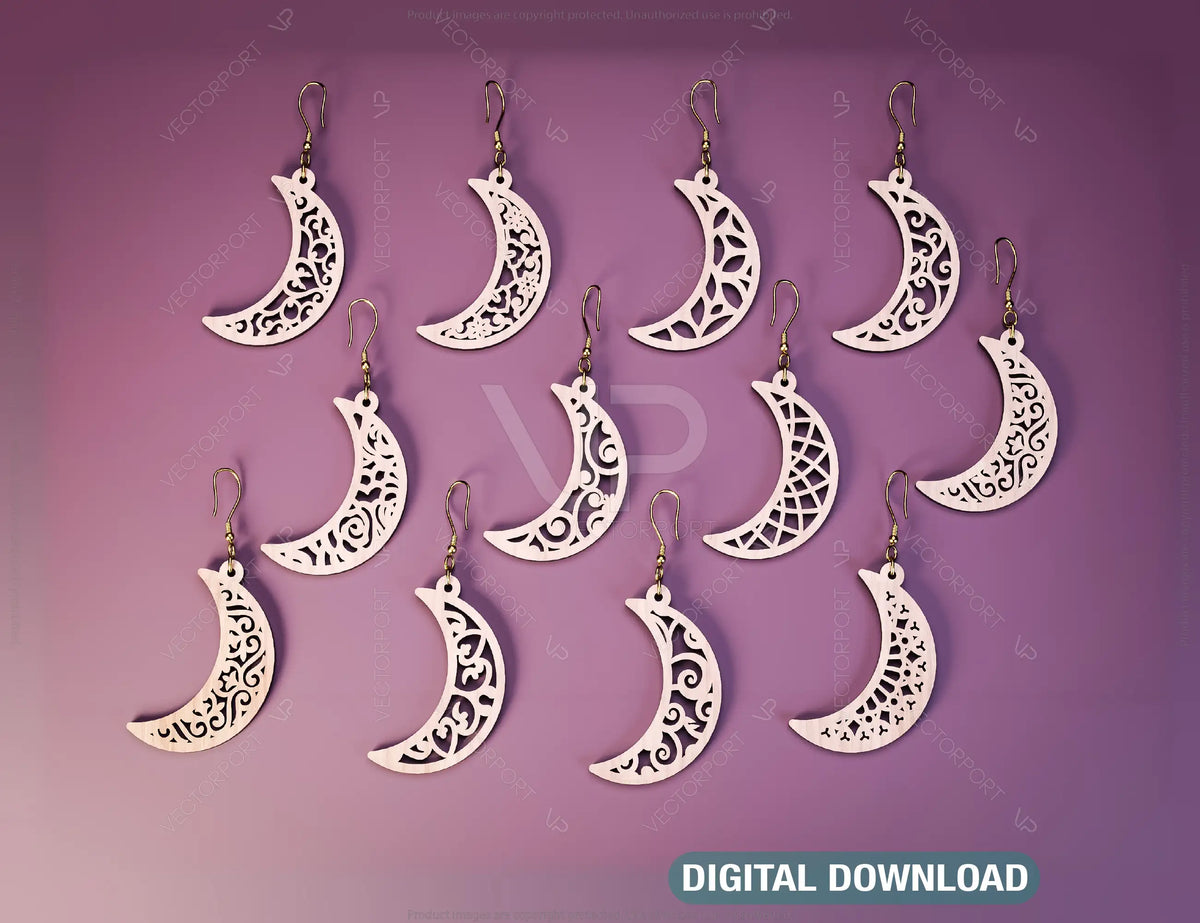 12 Floral Crescent Earrings Moon Earring bundle Laser Cut for Women Jewelry Wooden Glowforge Pendants | SVG, DXF, AI |#123|