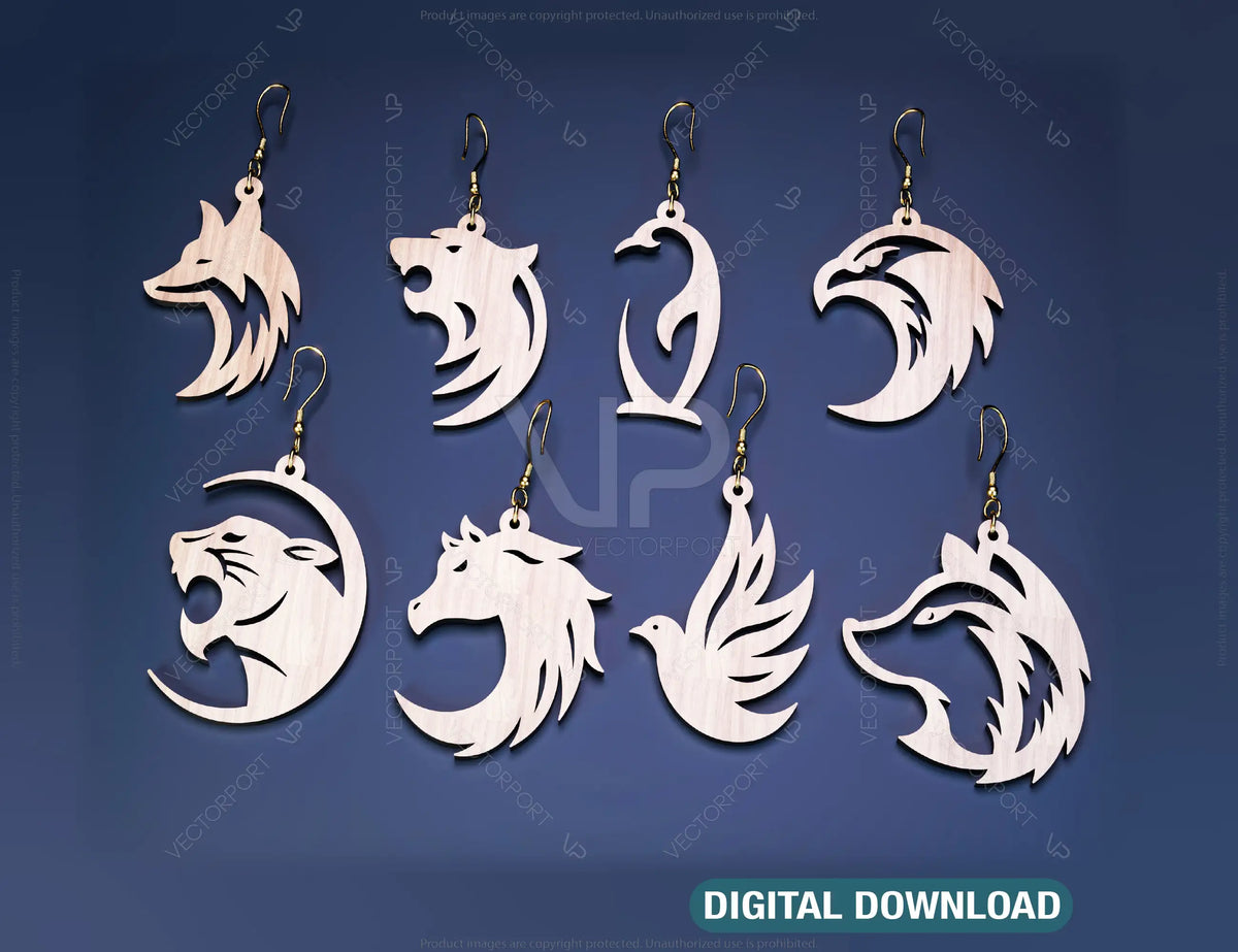 Animal Earrings Hanging 3D Wood Fox Eagle Bird Horse Shape Laser Cut for Women Jewelry Glowforge Pendants | SVG, DXF, AI |#124|