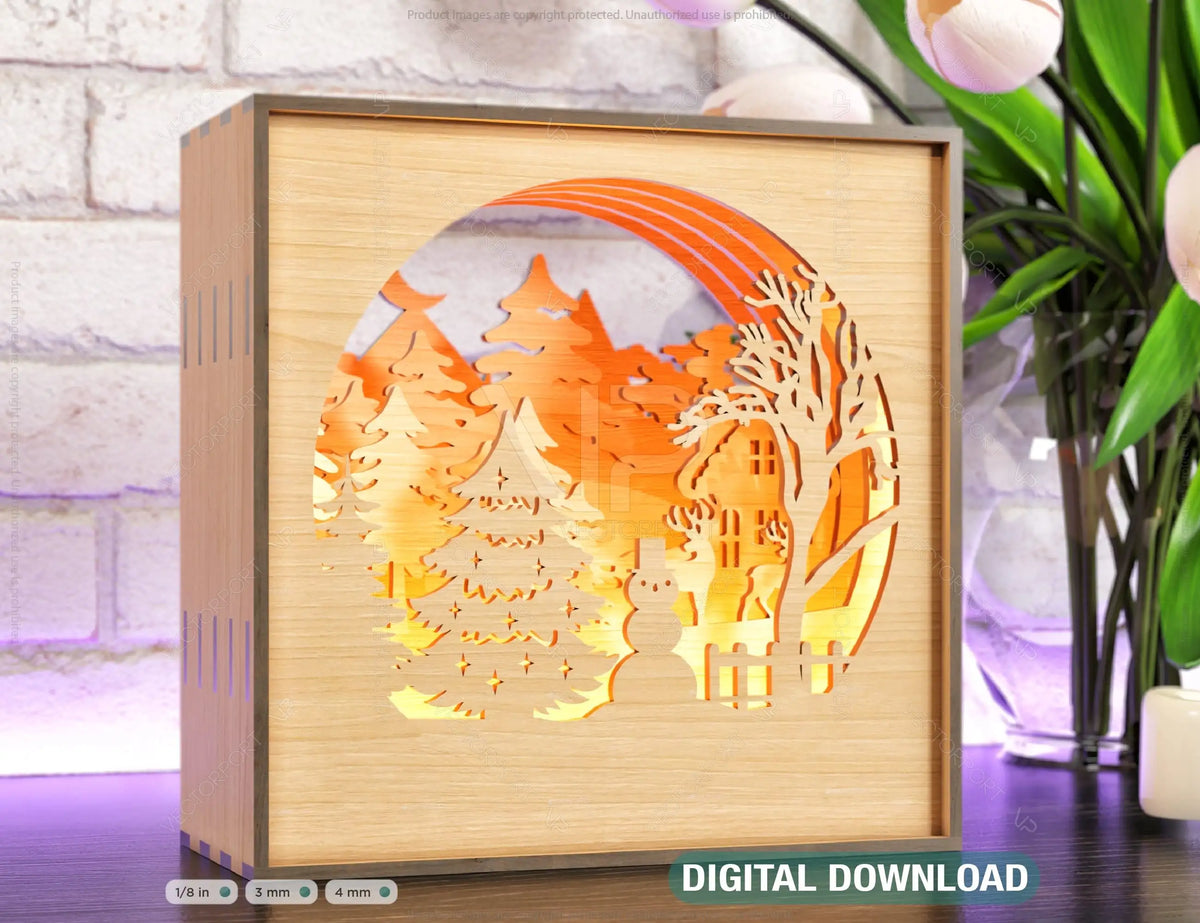 Christmas Wooden Night Lamp Deer Forest Scene Multilayer Shadowbox Laser Cut Lampshade Table light  |#U127|