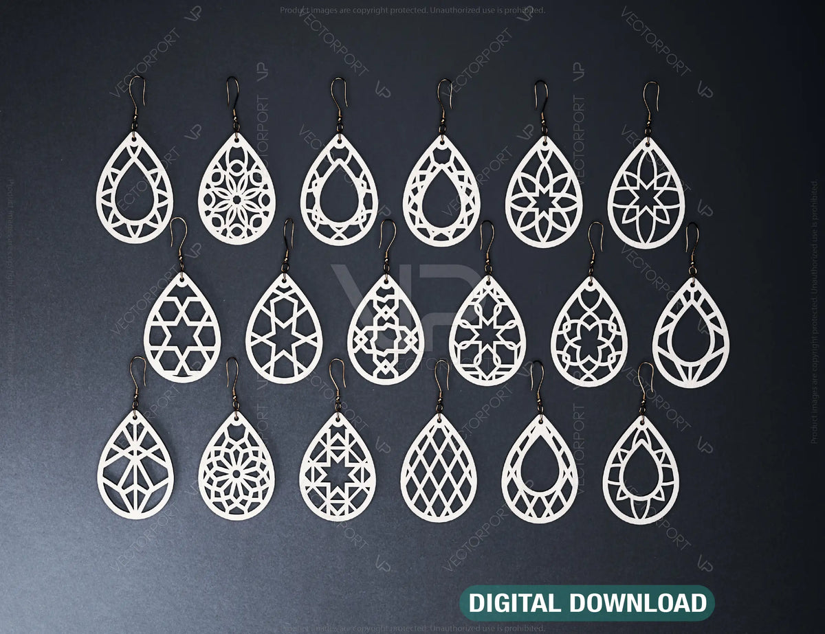 18 Earrings bundle Laser Cut tear drop templates for Women Jewelry Wooden Glowforge Pendants | SVG, DXF, AI |#130|