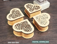 Wooden Heart shaped Jewelry laser cut Box template Wedding Love story vector model Jewelry box cut file | SVG, DXF |#131|