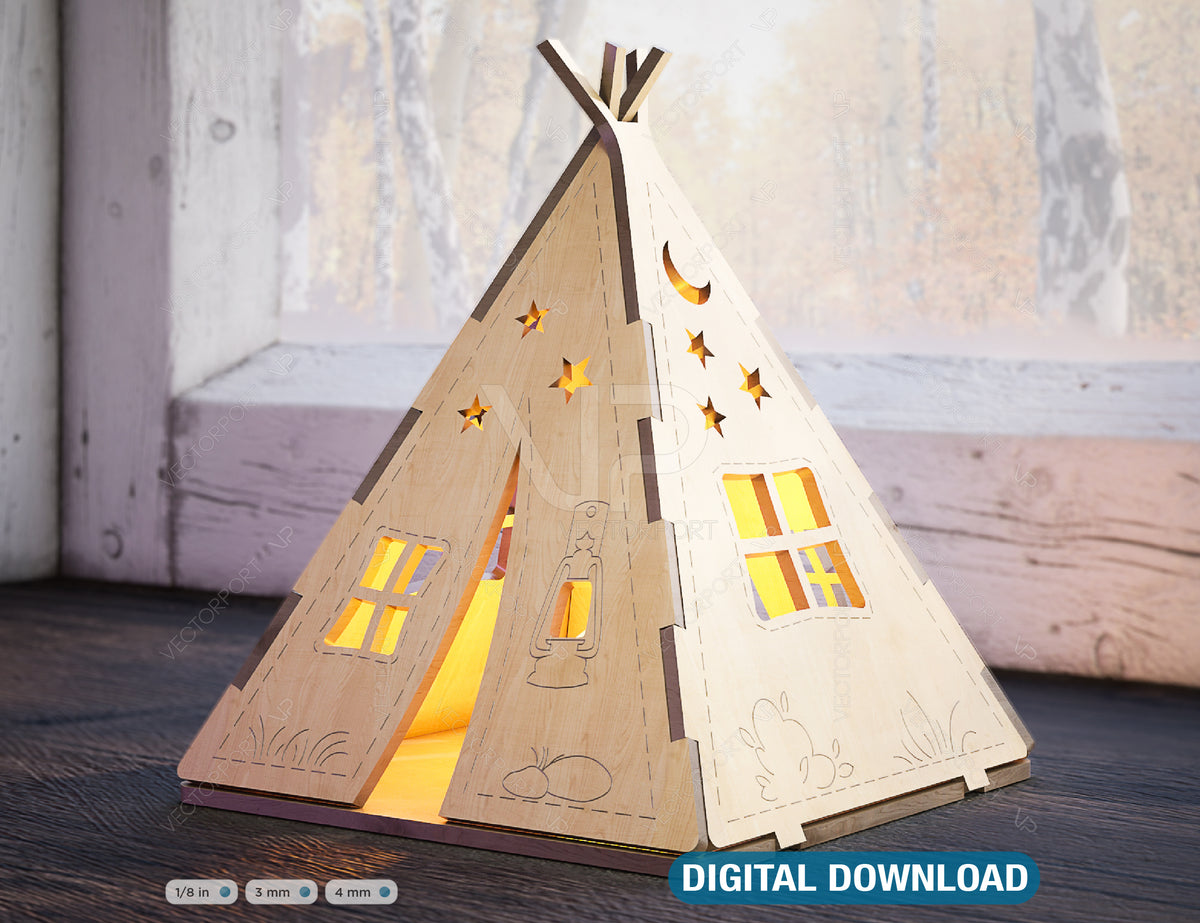 3D Laser Cut Wooden Tent Shape Night Lamp Plywood Laser Cutting Camping Home Lampshade Table Candle Holder Tea light | SVG, DXF, AI |#132|