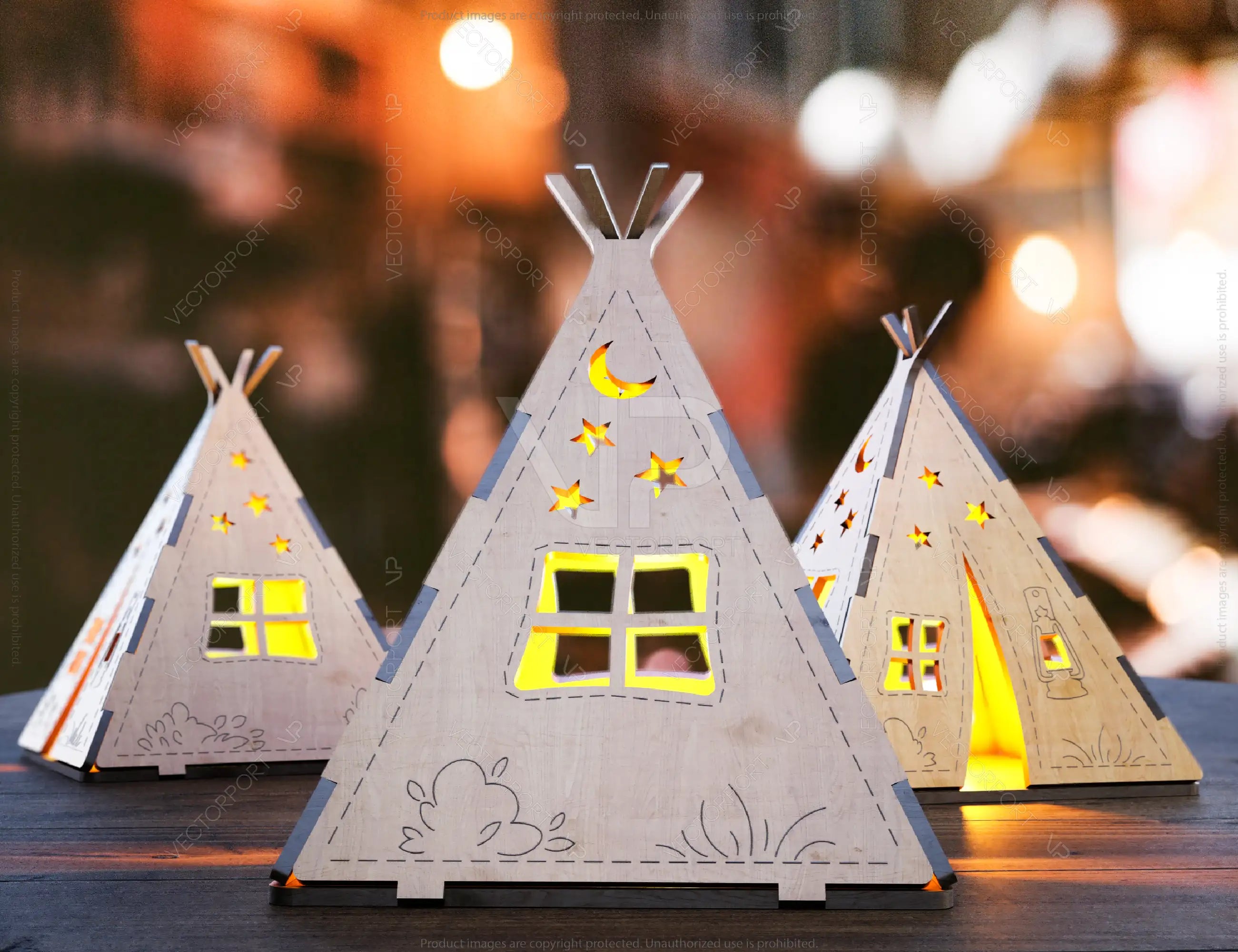 3D Laser Cut Wooden Tent Shape Night Lamp Plywood Laser Cutting Camping Home Lampshade Table Candle Holder Tea light | SVG, DXF, AI |#132|