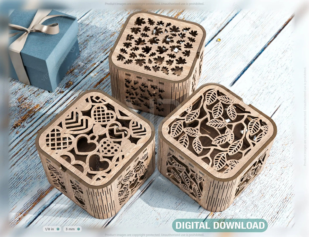 Heart Leaves Decorative Wooden Gift box laser cut jeweler case Wedding Love vector model Glowforge cut file |#U141|