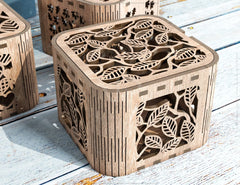 Heart Leaves Decorative Wooden Gift box laser cut jeweler case Wedding Love vector model Glowforge cut file |#U141|