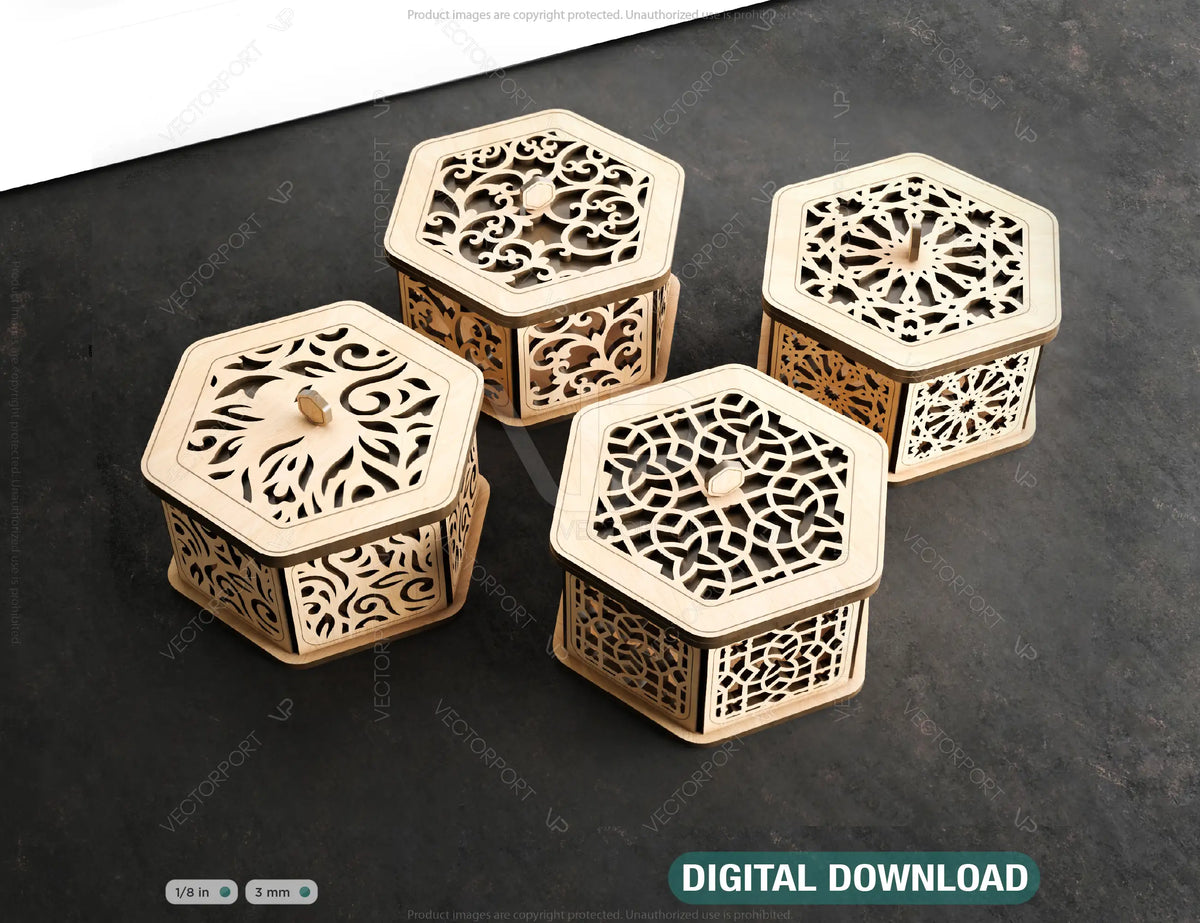 Hexagon Laser Cut Decorative Wooden Gift box Wedding favour laser cut jeweler case | SVG, DXF, AI |#144|