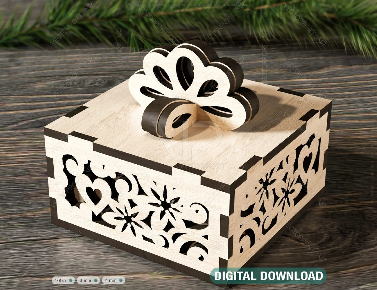 Cute Gift Box with Ribbon Decorative Wooden laser cut jeweler case Wedding Love Ring box vector model Digital Download |#U149|