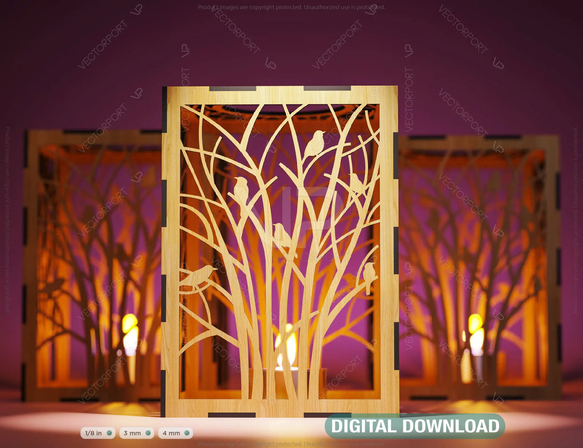 Tree with bird Leaf Candle Holder Laser Cut Lamp wood Tea light Lantern Votive Gift SVG |#150|