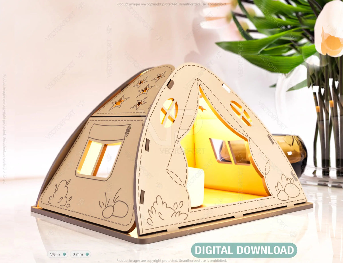 Wooden Tent Shape Laser Cut Night Light Lamp Mdf Laser Cutting Camping Tent Home Lampshade Table Candle Holder Tea light SVG |#158|