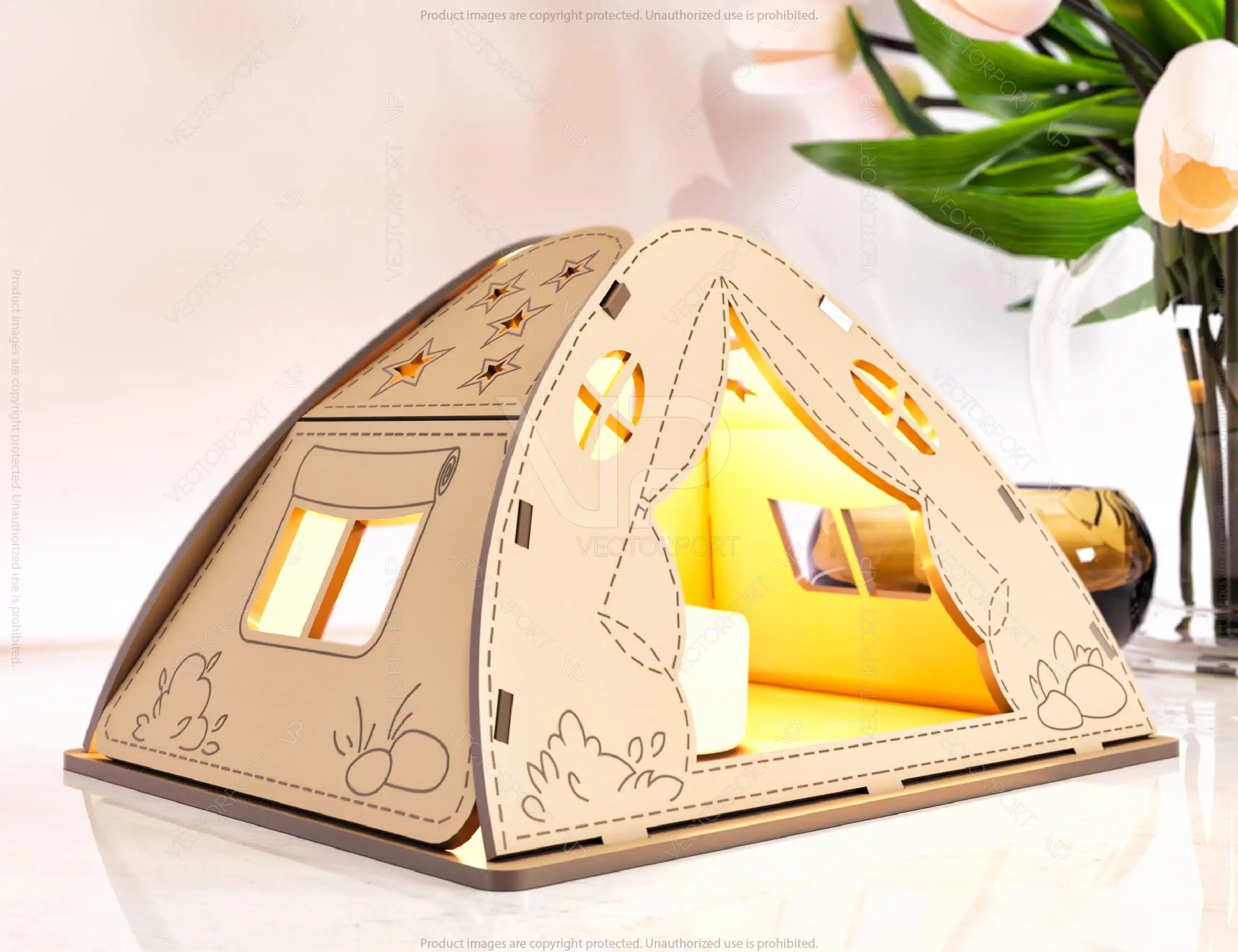 Wooden Tent Shape Laser Cut Night Light Lamp Mdf Laser Cutting Camping Tent Home Lampshade Table Candle Holder Tea light SVG |#158|