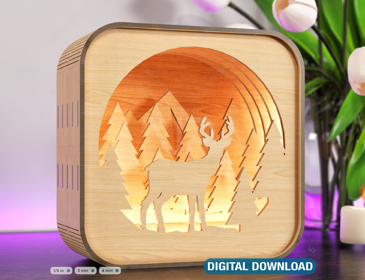 Wooden Night Lamp Deer Forest Scene Multilayer Shadowbox Laser Cut Lampshade Table Tea light  |#165|