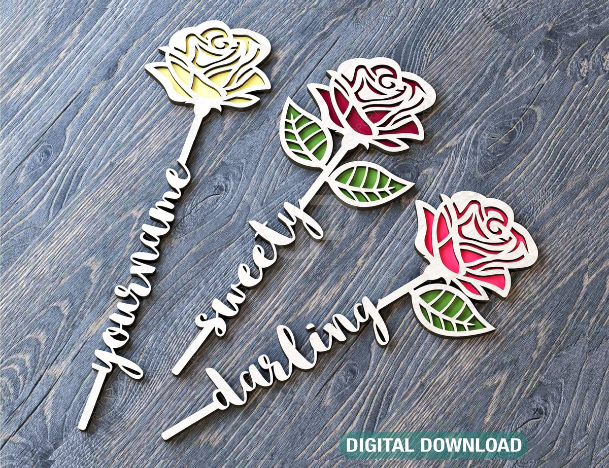 Rose Personalized Flower Laser Cut Out Art Valentine Day Acrylic wood Flower with name editable Cut Files Digital Product |#U169|