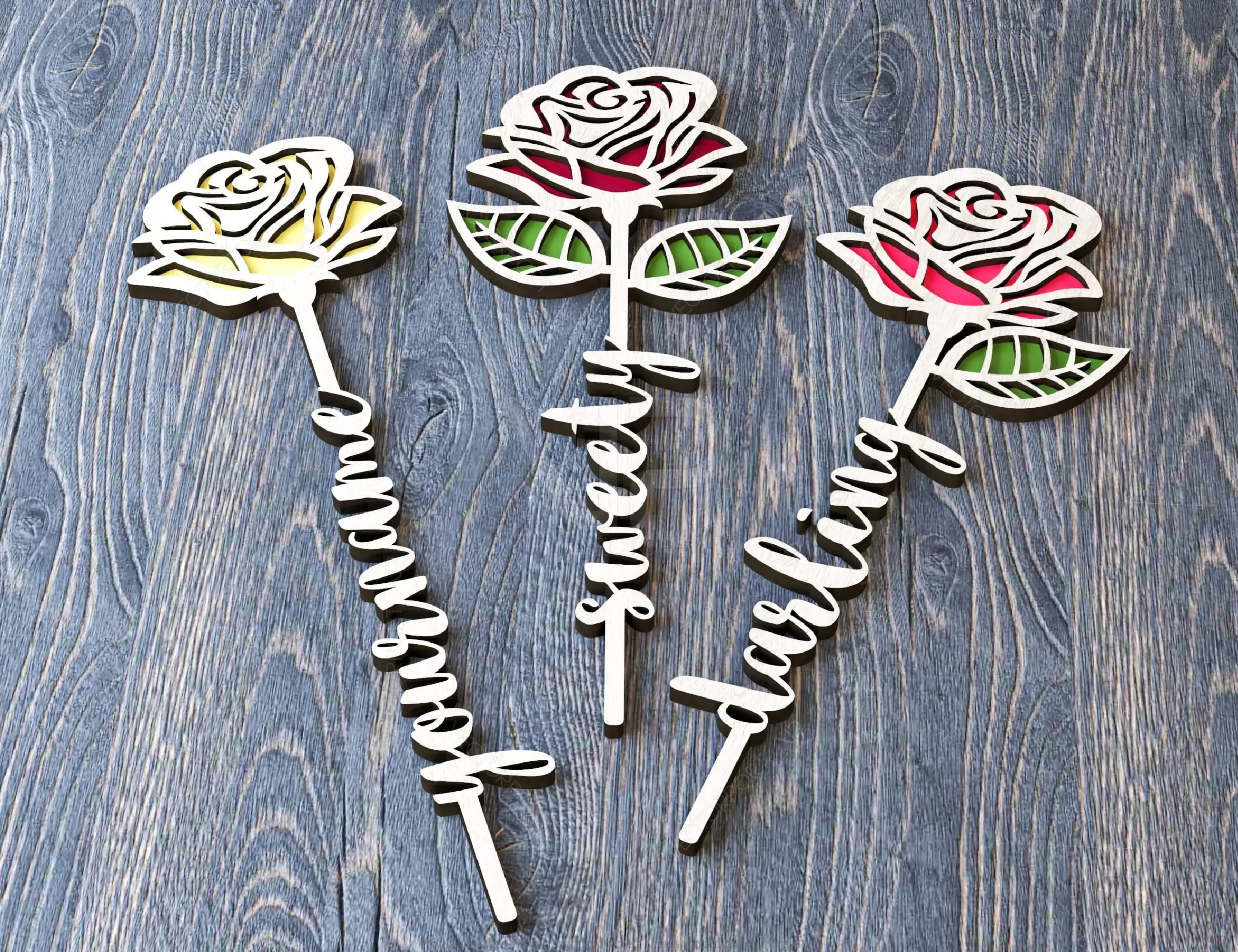 Rose Personalized Flower Laser Cut Out Art Valentine Day Acrylic wood Flower with name editable Cut Files Digital Product |#U169|