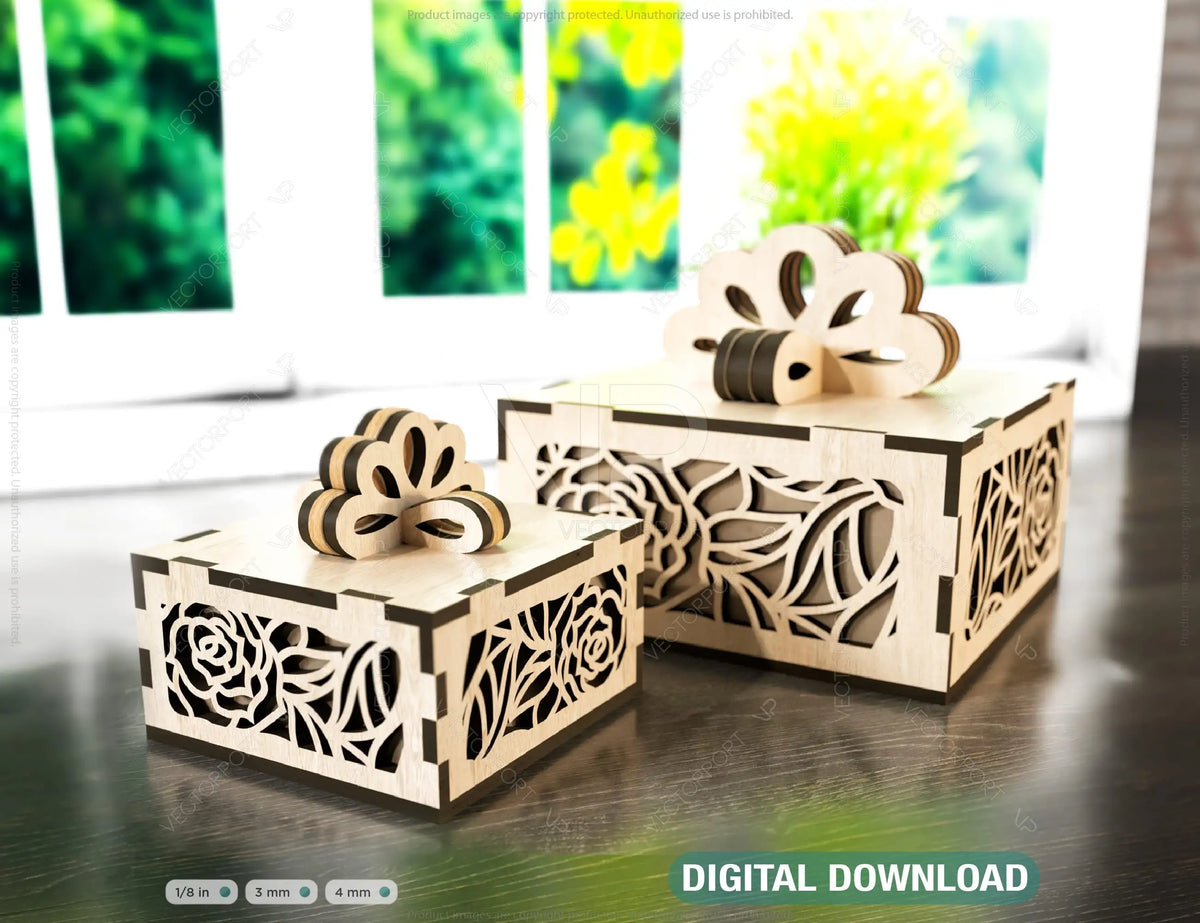 Wooden Gift Box with Ribbon Decorative Wooden laser cut jeweler case Wedding Love Ring box vector model Digital Download |#173|