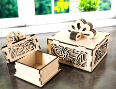 Wooden Gift Box with Ribbon Decorative Wooden laser cut jeweler case Wedding Love Ring box vector model Digital Download |#173|