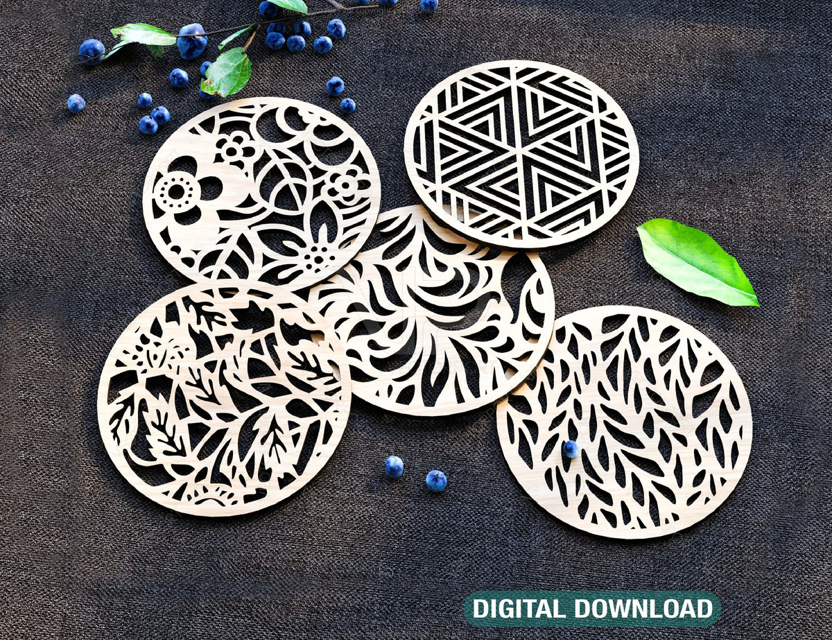 Elegant Round Laser Cut Wood Coasters Drink Tea Coffee Cup Mat Pad Placemat Tableware Digital Download | SVG, DXF |#177|