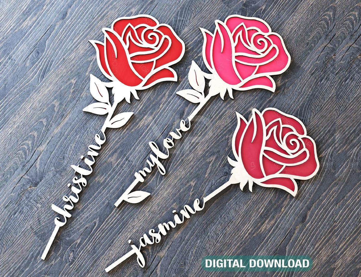 Rose Flower Personalized Laser Cut Out Art Valentine Day Acrylic wood Flower with name editable Cut Files Digital Product |#U178|