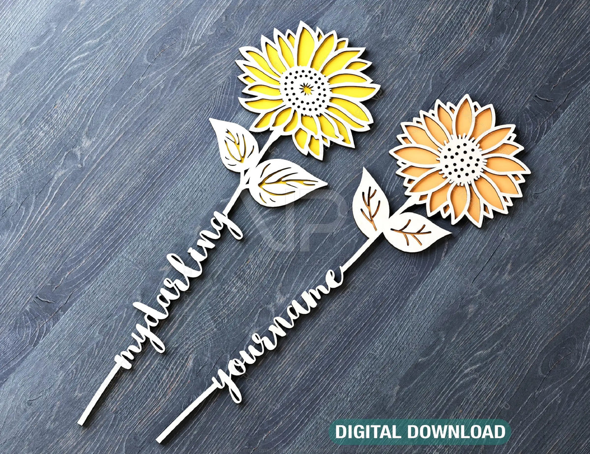 Sunflower Personalized Laser Cut Out stick with tag for laser cutting Art Valentine Day Flower with name editable Digital Download |#U180|