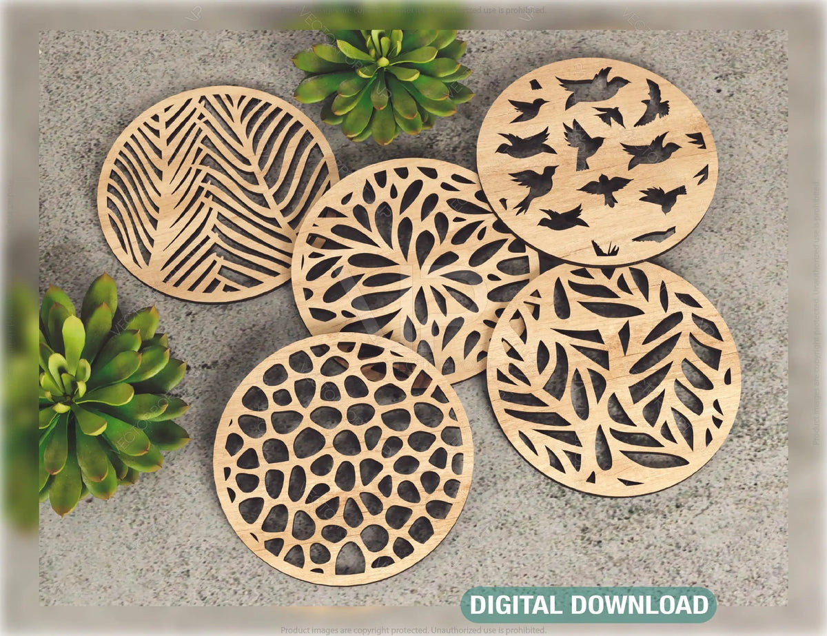 Round Laser Cut Wood Coasters Drink Tea Coffee Cup Mat Pad Placemat Tableware Digital Download | SVG, DXF |#U182|