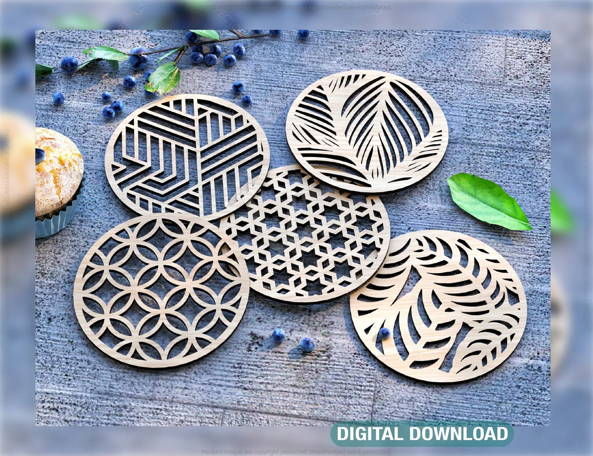 Round Laser Cut Wood Coasters Drink Tea Coffee Cup Mat Pad Placemat Tableware Digital Download | SVG, DXF |#U184|