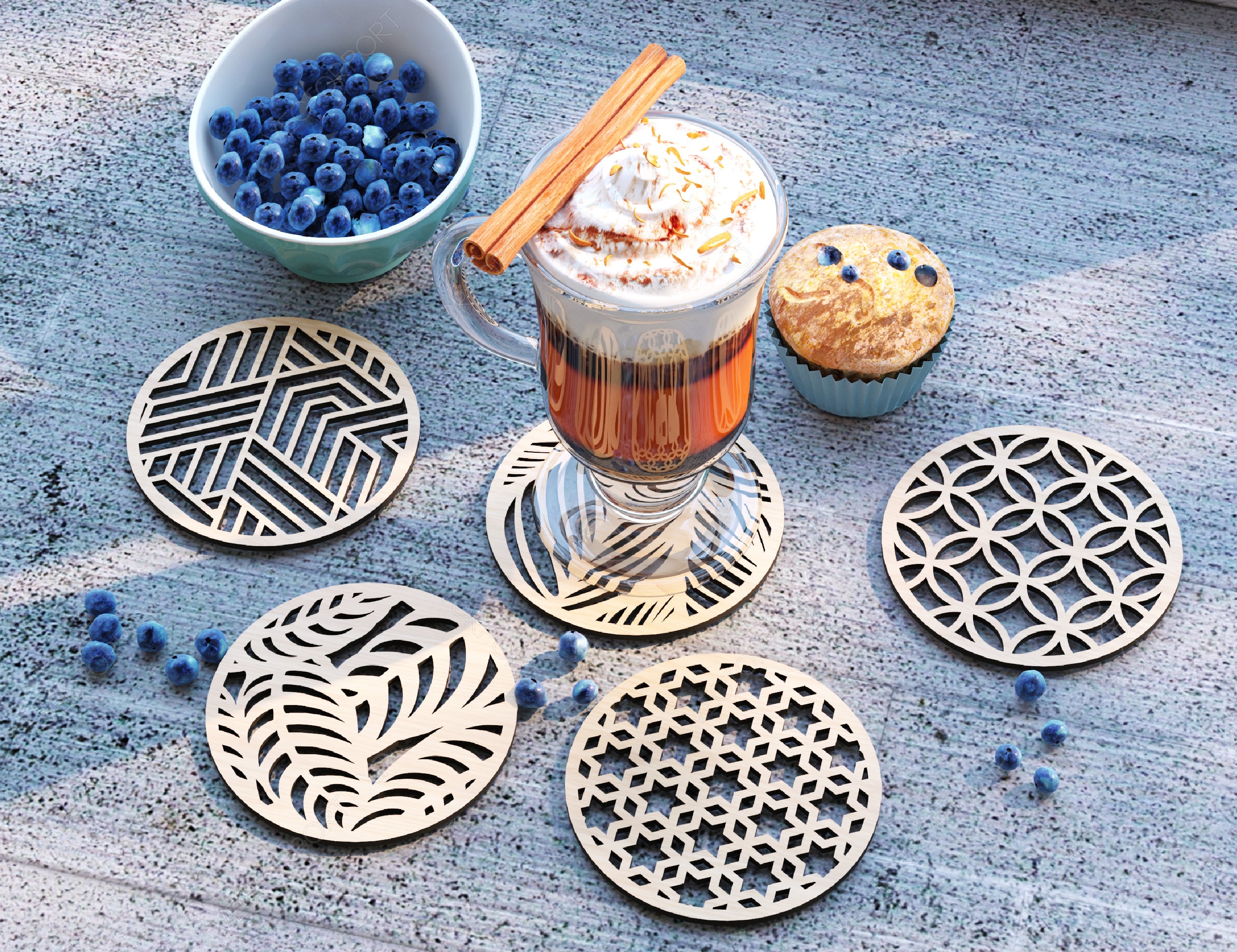 Round Laser Cut Wood Coasters Drink Tea Coffee Cup Mat Pad Placemat Tableware Digital Download | SVG, DXF |#U184|