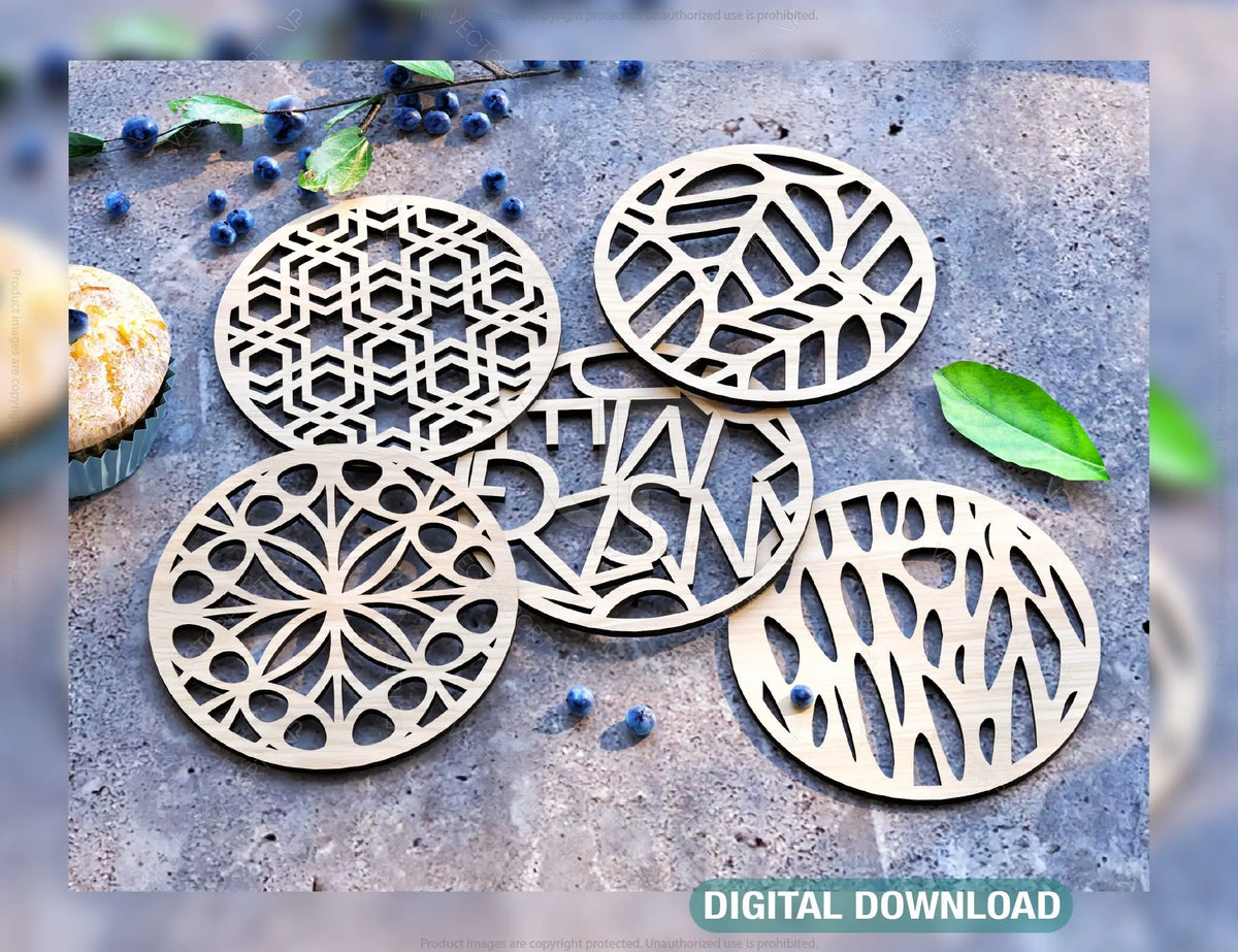 Round Laser Cut Wood Coasters Drink Tea Coffee Cup Mat Pad Placemat Tableware Digital Download | SVG, DXF |#U185|