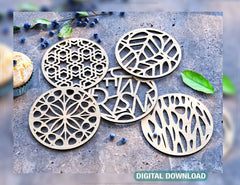 Round Laser Cut Wood Coasters Drink Tea Coffee Cup Mat Pad Placemat Tableware Digital Download | SVG, DXF |#U185|