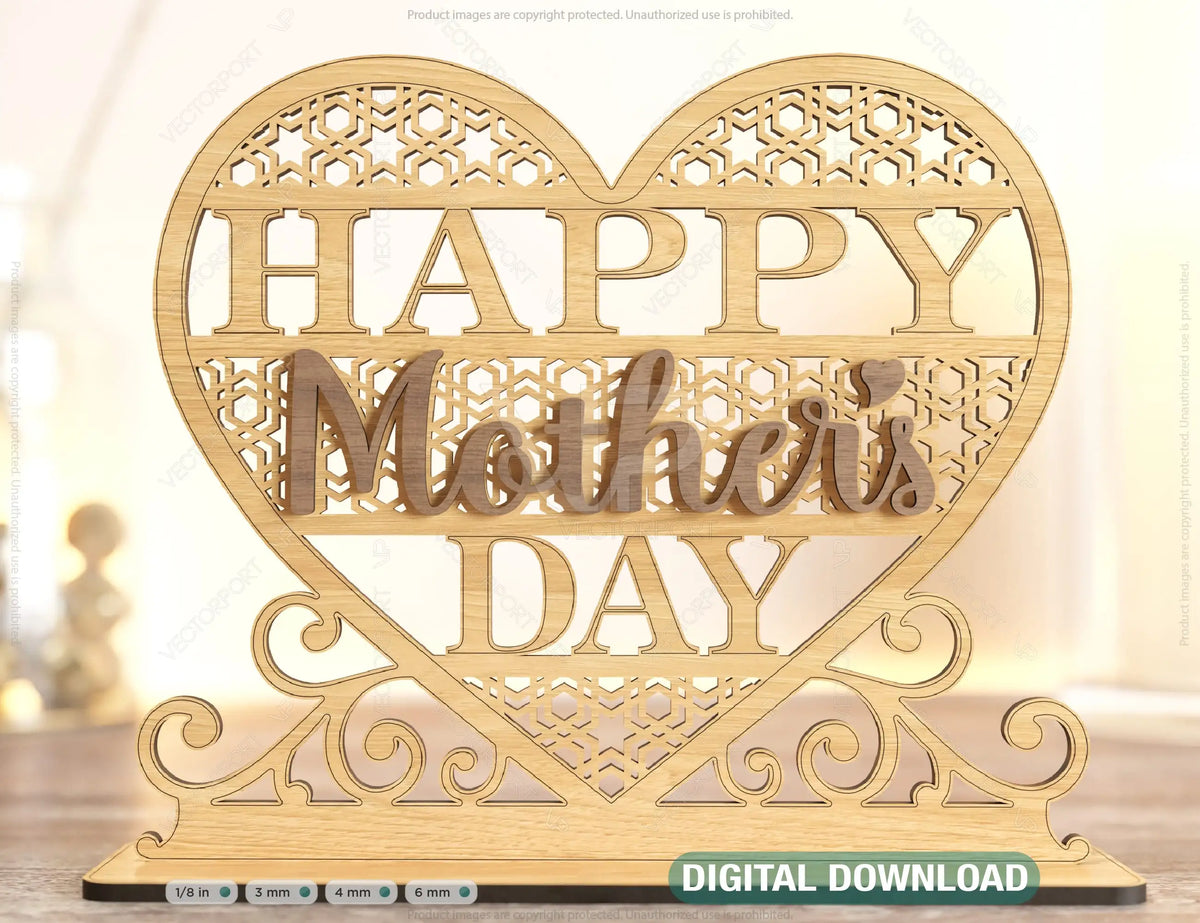 Standing Heart Shape Happy Mother’s Day Gift for Mom, Mother’s day gift laser cut SVG plan, Diy gift Digital Download |#192|