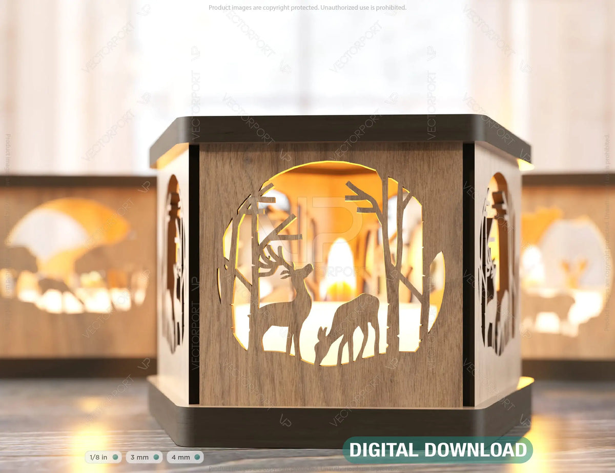 Deer Forest Scene Template Candle Holder Laser Cut Lamp Tea light Lantern Votive Gift Digital Download SVG |#195|